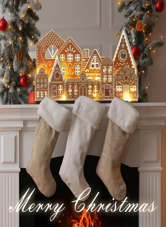 Rossesay Christmas Gingerbread House Tabletop Decorations with Light Wooden Christmas Village Centerpieces Gingerbread Xmas Decor for Table Farmhouse Rustic Xmas Decoration with Base - Image 5
